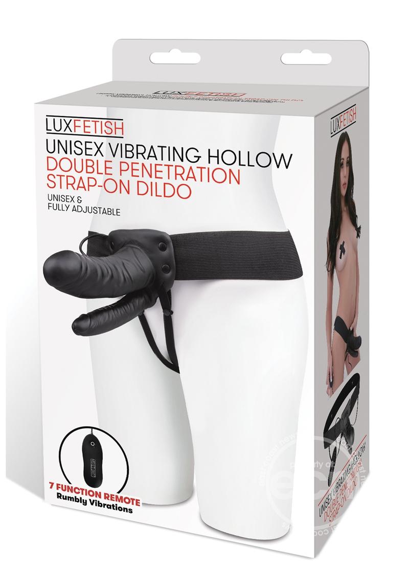 Lux Fetish Unisex Vibrating Hollow Double Penetration Strap-On Dildo with Wired Remote Control 9in