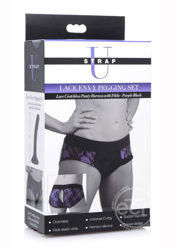 Strap U Lace Envy Pegging Set with Lace Crotchless Panty Harness and Dildo 5in