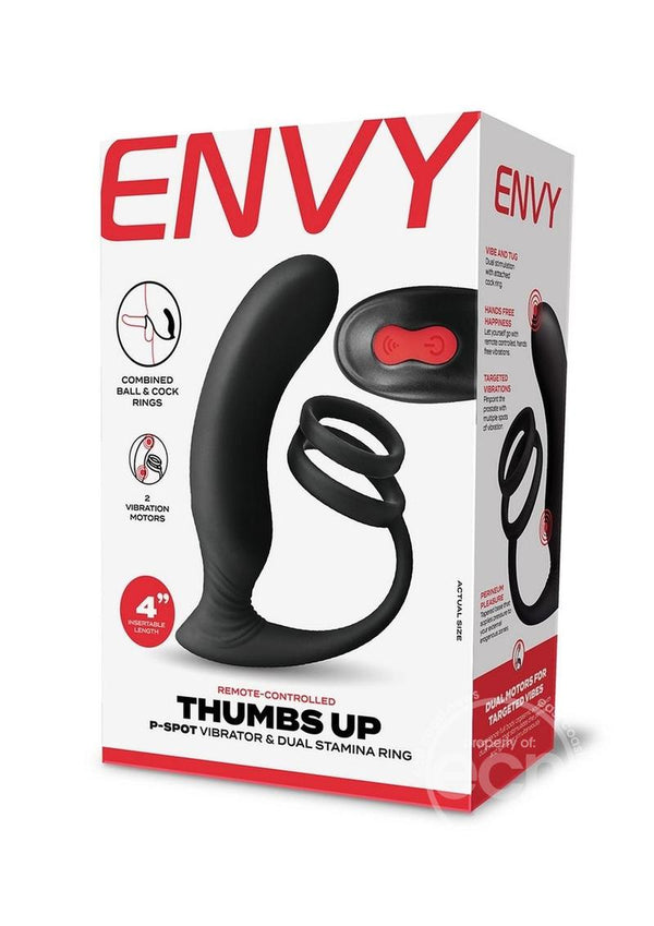 Envy Toys Thumbs Up Remote Controlled Rechargeable Silicone P-Spot Vibrator and Dual Stamina Ring