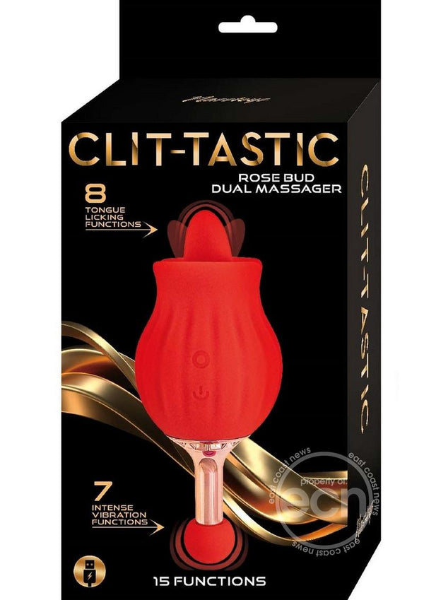 Clit-Tastic Rose Bud Dual Massager Rechargeable Silicone with Clitoral Stimulator