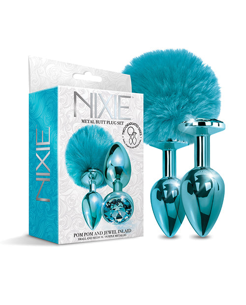 Nixie Metal Butt Plug Set Pom Pom and Jewel