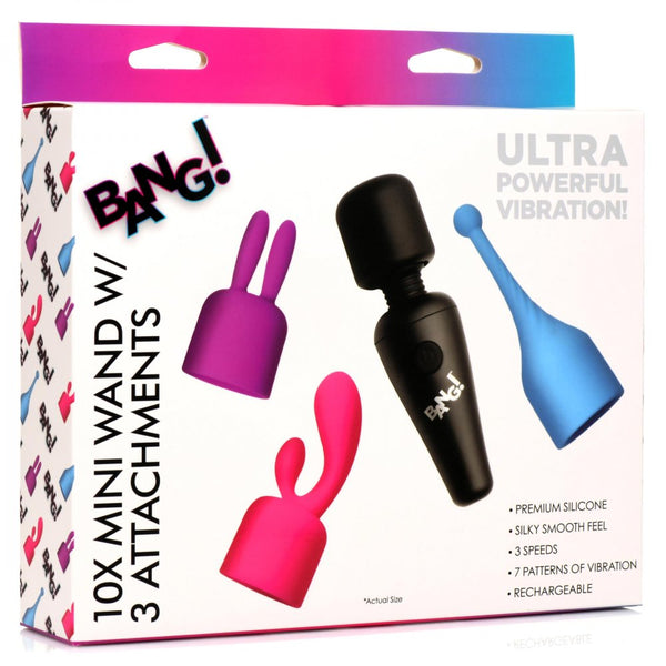 Bang! 10X Mini Wand Set Rechargeable Silicone Vibrator with 3 Attachments