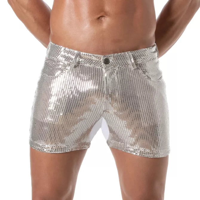 TOF Glitter 5 Pockets Mid Thigh Shorts Silver